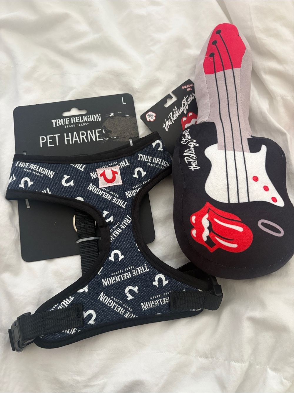 True Religion Kids Navy & White Logo Pet Harness with Red Guitar Toy